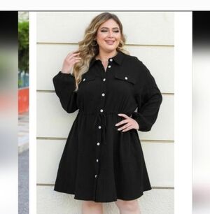 Boutique Button Up Collared Neck Drawstring Shirt Dress 1x